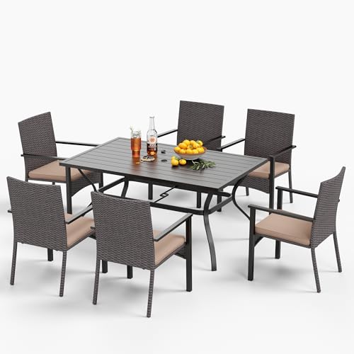 MFSTUDIO Rattan Gartenmöbel Set, Terassenmöbel Außen, Rechteckiger Gartentisch mit Verstellbarem Schirmloch(4-5cm), Polyrattan Sitzgruppe Wetterfest von MFSTUDIO