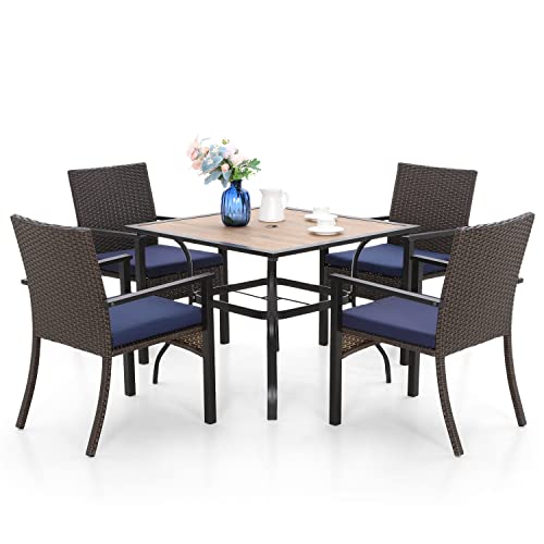 MFSTUDIO Terrassenmöbel Set, Gartenset Tisch und Stühle, Balkonmöbel Set, Quadratische Metall Holzähnlich Tisch mit 4cm Schirmloch und 4 Polyrattan Sessel für Terrasse, Balkon, Garten, Bistro von MFSTUDIO