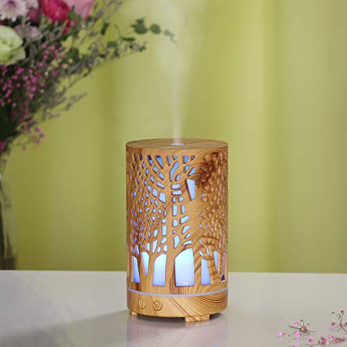 MFUNKE Aroma Diffuser Glas 200 ml, sanfter Nebel, leise, 7-LED-Farben, Timer & automatische Abschaltung, BPA-frei, Ultraschall Duftlampe mit dekorativem Baummuster Holzoptik von MFunke
