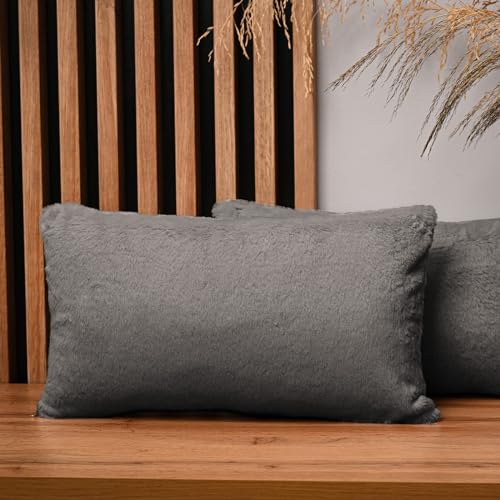 2er Set Kissenbezug 30x50 cm dunkelgrau rechteck - aus Pelzimitat, mit Reißverschluss - dekorative Kissenbezüge für Kissen 30x50, Deko Schlafzimmer, Deko Wohnzimmer von MG Design