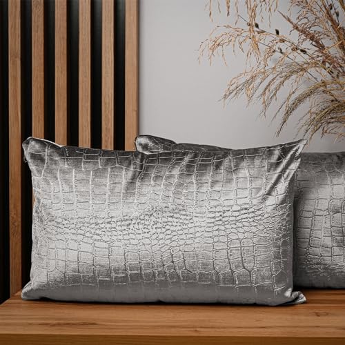 2er Set Kissenbezug 40x60 cm hellgrau Rechteck - aus Velourstoff mit Krokodilledermuster, mit Reißverschluss - dekorative Kissenbezüge für Kissen 40x60, Deko Schlafzimmer, Deko Wohnzimmer von MG Design