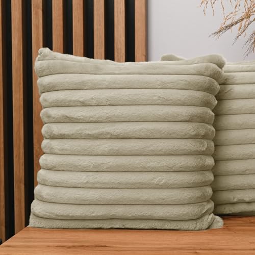 2er Set Kissenbezug 45x45cm beige rechteck - aus Pelzimitat mit Nähten, mit Reißverschluss - dekorative Kissenbezüge für Kissen 45x45, Deko Schlafzimmer, Deko Wohnzimmer von MG Design