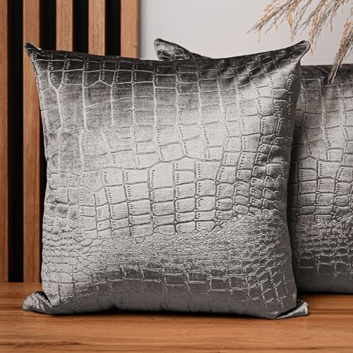 2er Set Kissenbezug 50x50 cm grau quadratisch - aus Velourstoff mit Krokodilledermuster, mit Reißverschluss - dekorative Kissenbezüge für Kissen 50x50, Deko Schlafzimmer, Deko Wohnzimmer von MG Design