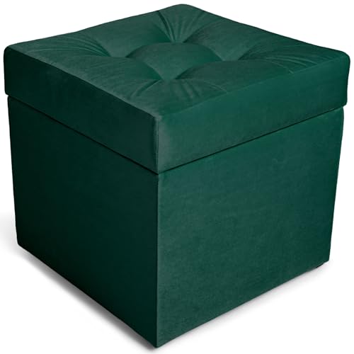 MG Design Polsterhocker, 45x45 cm, Farbe dunkelgrün – weicher Sitz, aufklappbar mit Stauraum (50l) hält Einer Belastung von bis zu 100 kg Stand, Velours – Hocker für Wohnzimmer, Schlafzimmer, Diele von MG Design