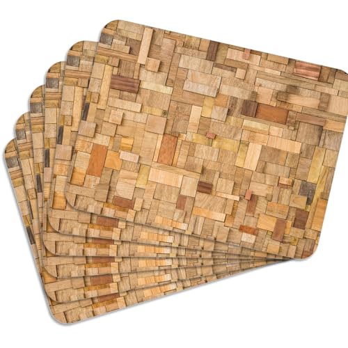 Tischset 6 Stück 40×30 cm - Wooden Mosaic Abwaschbare Platzdeckchen mit Korkrückseite (hitzebeständig bis 100 °C, rutschfest) für Küche, Esszimmer, Wohnzimmer, Kinderzimmer & Büro von MG Design