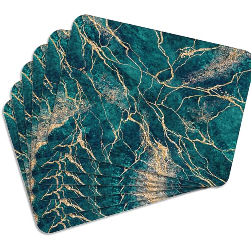 Tischset Satz mit 6 Stück 40x30 cm Marble Green Tischuntersetzer Abwaschbar - Hitzebeständige Korkrückseite hält Temperaturen von 100°C Stand, verrutscht Nicht - Platzdeckchen für Die Küche von MG Design