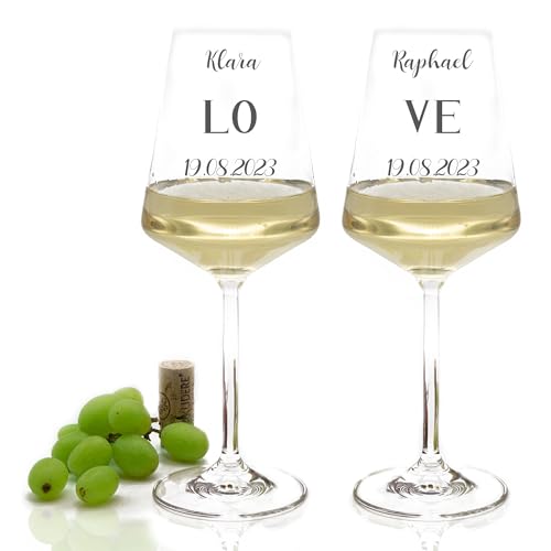 MG-Laserdesign 2x Leonardo Weingläser mit Gravur -PUCCINI- Graviert mit Namen und Datum- LOVE -Personalisiertes Geschenk zur Hochzeit- Geschenk für Paare, Geburtstag, Personalisiert, 560ml von MG-Laserdesign