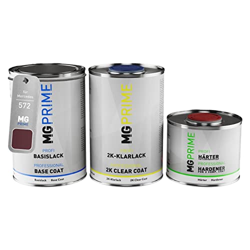 Autolack Dose Set für Mercedes 572 Rubin Mica/Ruby Metallic Basislack 2K Klarlack Härter spritzfertig 2,5L von MG PRIME