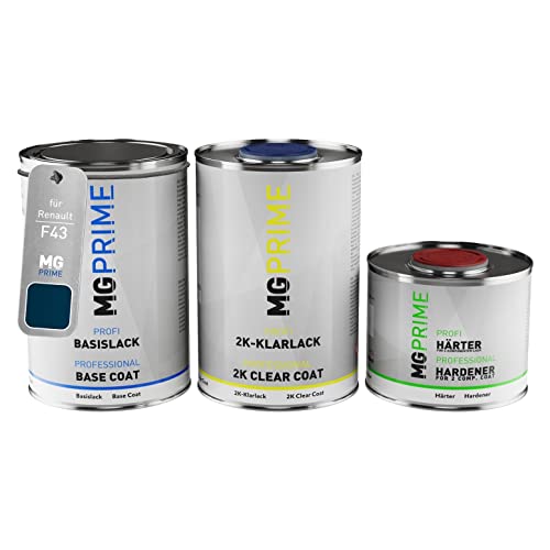 Autolack Dose Set für Renault F43 Bleu Encre Nacre Metallic/Tintenblau Metallic Basislack 2K Klarlack Härter spritzfertig 2,5L von MG PRIME