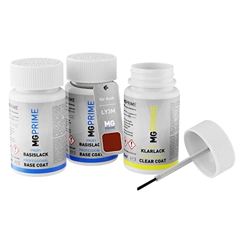 MG PRIME Autolack Lackstift Set für Audi LY3M / Y3M / 1G Vulkanrot Perleffekt/Volcano Red Metallic Grundlack Basislack Klarlack je 50ml von MG PRIME