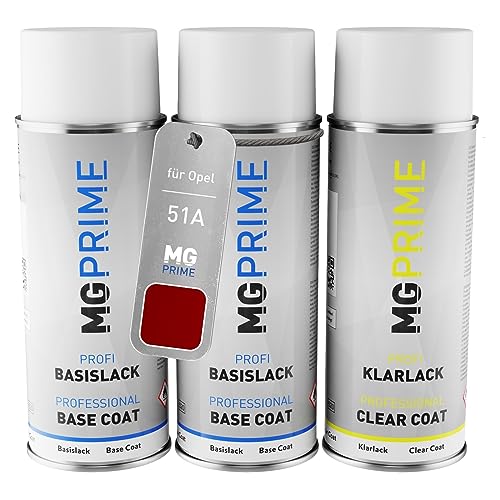 MG PRIME Autolack Sprühdosen Set für Opel 51A / G1R 50Y Peperoncino Red Metallic/Chili Rot Metallic Grundlack Basislack Klarlack Spraydose 400ml von MG PRIME