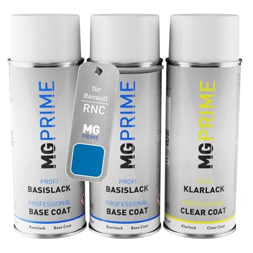 MG PRIME Autolack Sprühdosen Set für Renault RNC Bleu De Monaco Nacre Metallic/Guyana Blau Metallic Grundlack Basislack Klarlack Spraydose 400ml von MG PRIME