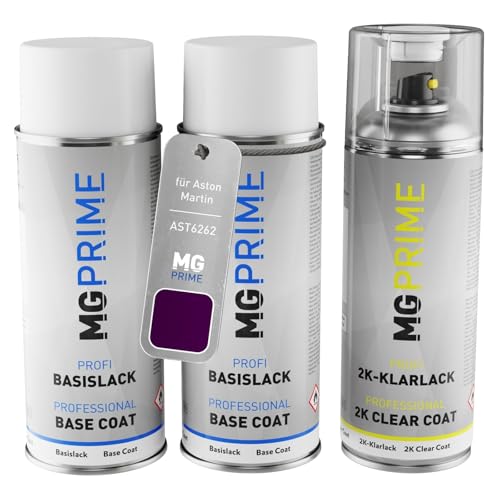 MG PRIME Autolack 2K Spraydosen Set für Aston Martin AST6262 Storm Purple Grundlack Basislack 2 Komponenten Klarlack Sprühdose von MG PRIME