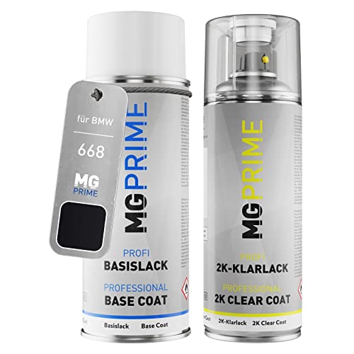 MG PRIME Autolack 2K Spraydosen Set für BMW 668 Schwarz II/Jet Black Basislack 2 Komponenten Klarlack Sprühdose von MG PRIME