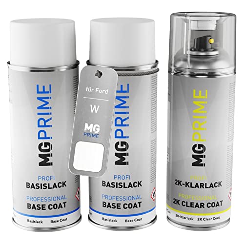 MG PRIME Autolack 2K Spraydosen Set für Ford W / PN3GZXXA Frozen White Solid/Frostweiss Grundlack Basislack 2 Komponenten Klarlack Sprühdose von MG PRIME