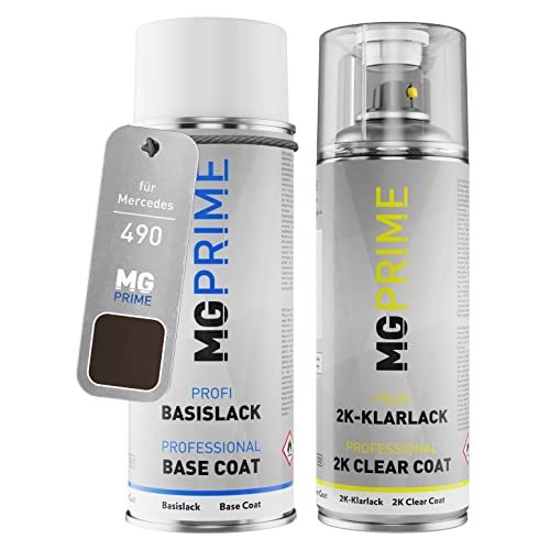 MG PRIME Autolack 2K Spraydosen Set für Mercedes 490 Steppenbraun Metallic/Steppe Brown Metallic Basislack 2 Komponenten Klarlack Sprühdose von MG PRIME