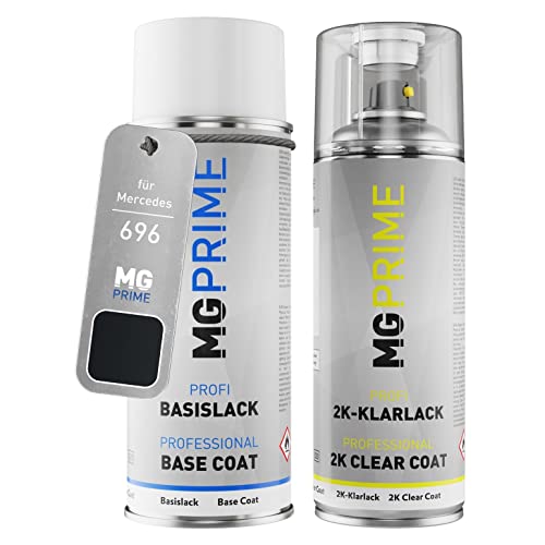 MG PRIME Autolack 2K Spraydosen Set für Mercedes 696 Nachtschwarz/Night Black Basislack 2 Komponenten Klarlack Sprühdose von MG PRIME
