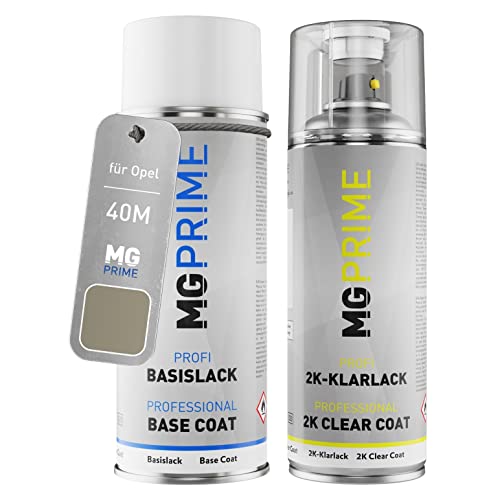 MG PRIME Autolack 2K Spraydosen Set für Opel 40M / 79Q AAU Lancelot Perleffekt/Champagner Silber Metallic Basislack 2 Komponenten Klarlack Sprühdose von MG PRIME