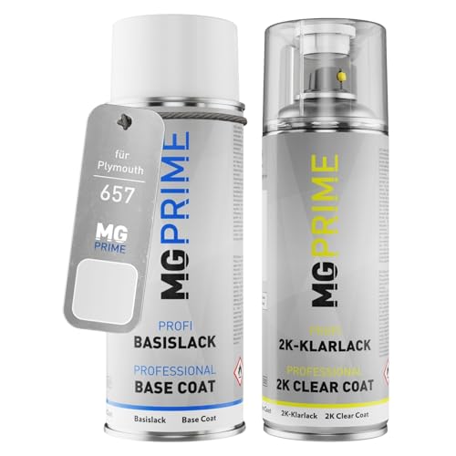 MG PRIME Autolack 2K Spraydosen Set für Plymouth 657 / 56P91 Eggshell White Basislack 2 Komponenten Klarlack Sprühdose von MG PRIME