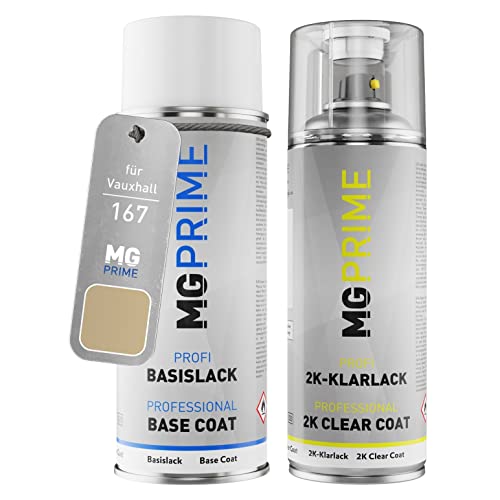 MG PRIME Autolack 2K Spraydosen Set für Vauxhall 167 / 1RU GBF Panacotta Metallic Basislack 2 Komponenten Klarlack Sprühdose von MG PRIME