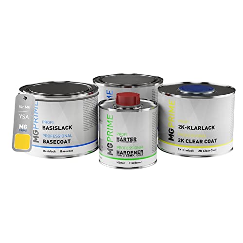 MG PRIME Autolack Dose Set für MG YSA Tudor Yellow Solid/Hello Yellow Grundlack Basislack 2K Klarlack Härter spritzfertig 1,75L von MG PRIME