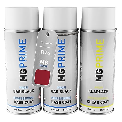 MG PRIME Autolack Sprühdosen Set für Dacia B76 Rouge De Feu Nacre Metallic/Feuerrot Grundlack Basislack Klarlack Spraydose 400ml von MG PRIME