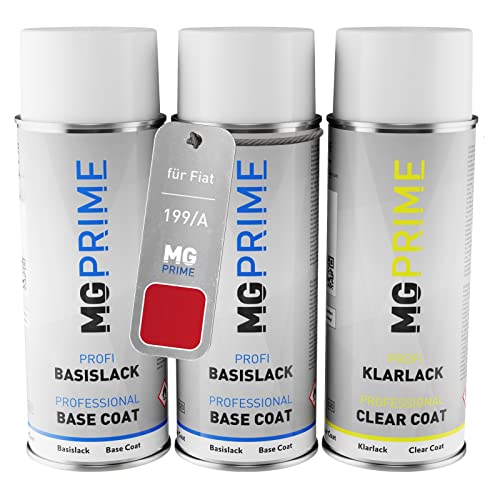 MG PRIME Autolack Sprühdosen Set für Fiat 199/A / 199 Rosso Tiziano/Rumba Rot Grundlack Basislack Klarlack Spraydose 400ml von MG PRIME