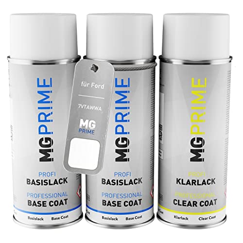 MG PRIME Autolack Sprühdosen Set für Ford 7VTAWWA / PN3GZ0 / D Frozen White Solid Grundlack Basislack Klarlack Spraydose 400ml von MG PRIME