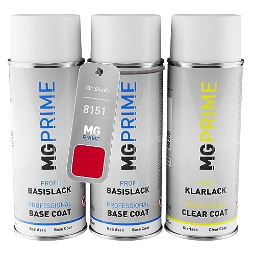 MG PRIME Autolack Sprühdosen Set für Skoda 8151 / 8T Corrida Rot Grundlack Basislack Klarlack Spraydose 400ml von MG PRIME