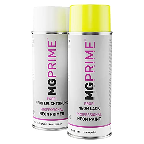 MG PRIME Profi Neon Acryllack Set mit Leuchtgrund in Neongelb matt Sprühdose Spraydose 400ml von MG PRIME