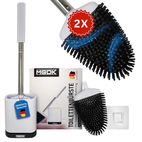 MGDK KLOBÜRSTE SILIKON - Toilettenbürste mit Wandhalterung - GRATIS Bürstenkopf - WC Bürste Weiß & Klebepad für Wandmontage - ohne Bohren - Schnelltrocknung - Hygienische & Modern von MGDK