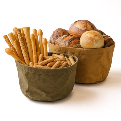 MGE - Brotkasten mit Brotbeutel - Aufbewahrungsbox aus Zellulose - Brot Frisch Halten Ohne Plastik - Set 2-20 cm – Moderner Brotkorb & Brottasche für Schublade, Küche oder Tisch von MGE World