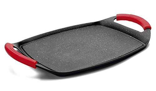 MGE - Grillplatte - Küchengrill mit Steinbeschichtung - Bratplatte - Aluminium Grillpfanne mit Antihaftbeschichtung - Silikon Griffen in Rot - 47 x 29 cm von MGE World