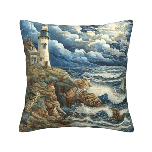 MGGAklp Dekorativer Kissenbezug mit Leuchtturm-Motiv, aus Kordsamt, für Sofa, Wohnzimmer, Couch, Bett von MGGAklp