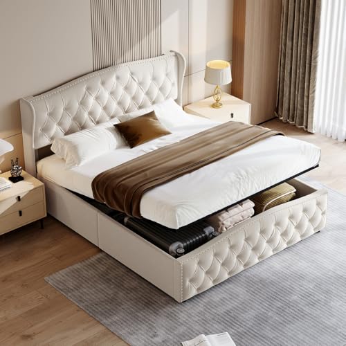 MGMYM Bett 160 x 200 cm mit Bettkasten, Doppelbett mit Lattenrost und Wellenlinien-Kopfteil, Hydraulischbett für Erwachsene und Jugendliche, Samt, Ohne Matratze (Beige, 160x200 cm) von MGMYM