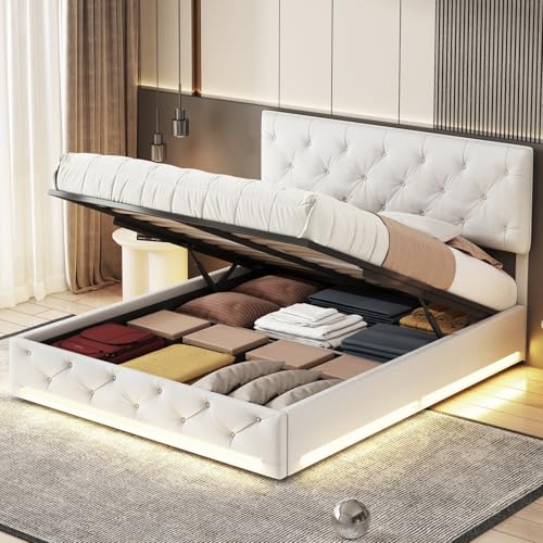 MGMYM Gepolstertes Doppelbett mit Stauraum, 140 x 200 cm Samtbett, Stauraumbett mit LED und Lattenrost für Erwachsene und Jugendliche, ohne Matratze (Beige+LED, 160x200 cm) von MGMYM