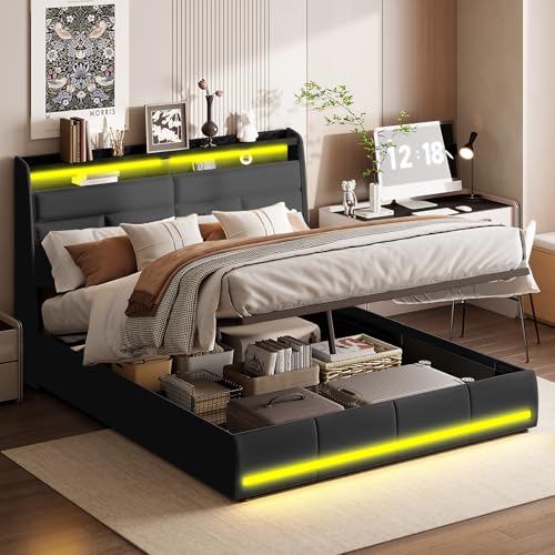 MGMYM Gepolstertes mit Stauraum, 160 x 200 cm Doppelbett, Stauraumbett mit LED und bilayerischen Kopfteilregalen für Erwachsene und Jugendliche, ohne Matratze (Schwarz+PU, 160x200 cm) von MGMYM