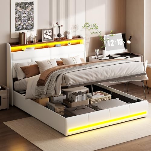 MGMYM Gepolstertes Doppelbett mit Stauraum, 140 x 200 cm Samtbett, Stauraumbett mit LED und Lattenrost für Erwachsene und Jugendliche, ohne Matratze (Weiß+PU, 160x200 cm) von MGMYM