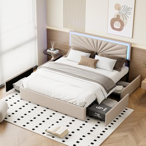 MGMYM Polsterbett, LED Doppelbett mit USB Typ C Ladefunktion und Schubladen,Bett Jugendbett Stauraumbett Funktionsbett mit Holz Lattenrost, Ohne Matratze (Beige-B, 140 x 200 cm) von MGMYM