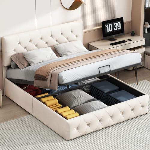 MGMYM Polsterbett Doppelbett 140x200cm mit LED und USB, Stauraumbett, Bett Jugendbett Bettgestell mit Lattenrost und Rhombus-Aussehen Kopfteil. (Beige-E, 140x200cm) von MGMYM