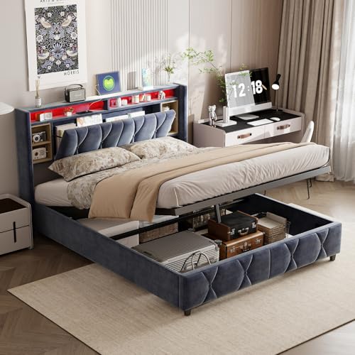 MGMYM Polsterbett Doppelbett 140x200 cm, Funktionsbett Kopfteil mit LED, USB und Staufach, Hydraulisch Stauraumbett,Bettgestell mit Holzlattenrost, Rhombus-Aussehen Kopfteil, Samt. (Grau-B) von MGMYM