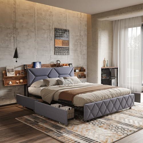 MGMYM Polsterbett Doppelbett 140x200 cm,Bett mit USB, Stauraumbett mit 4 Eisenschubladen, Jugendbett Bettgestell mit Lattenrost, Kopfteil mit Stauraum, Rahmen aus Stahl und Holz.(Grau-E) von MGMYM