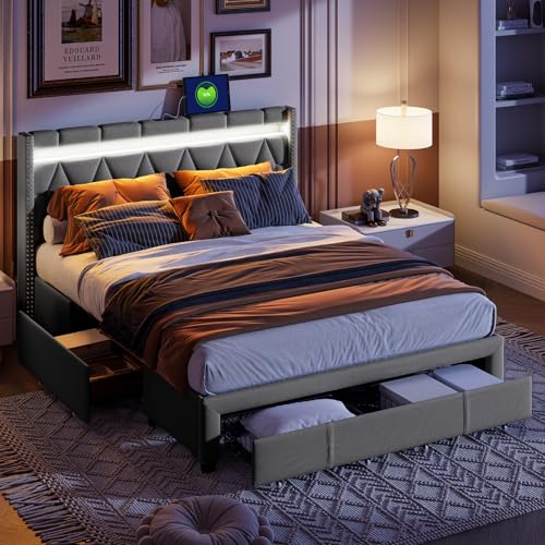 MGMYM Polsterbett Doppelbett160x200 cm, Bett mit LED und USB, Stauraumbett mit 4 Eisenschubladen, Jugendbett Bettgestell mit Lattenrost und Rhombus-Aussehen Kopfteil. (Grau-F) von MGMYM
