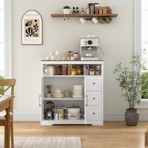 MGMYM Sideboard Küchenschrank,Küchenbuffet mit 3 Schubladen und 2 Türen,Buffetschrank mit Arbeitsplatte,Verstellbare Ablage,Buffetschrank für Küche Wohnzimmer Esszimmer,100x40x105cm (Weiß-B, A) von MGMYM