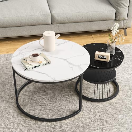 MGMYM couchtisch rund 2er Set, cauchsofa Tisch, Beistelltisch mit Metallrahmen, für Wohnzimmer Schlafzimmer. große Größe:70 x 45 cm; Kleine Größe: 45x 35 cm. (Schwarz-Weiß) von MGMYM