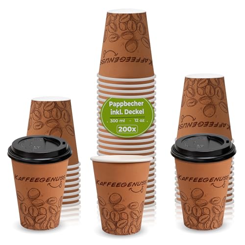 MH QUALITY 200x Kaffeebecher to go einwandig Dunkelbraun 300 ml / 12 Oz mit Deckel Schwarz 200 Stück von MH QUALITY