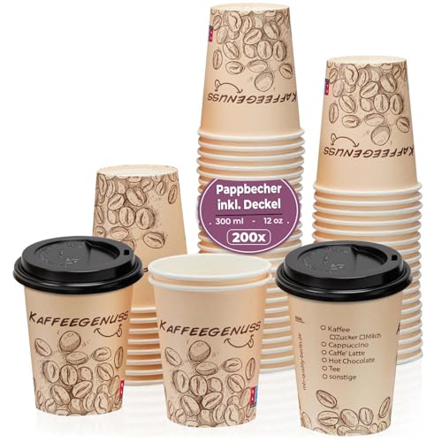 MH QUALITY 200x Kaffeebecher to go einwandig Hellbraun 300 ml / 12 Oz mit Deckel Schwarz 200 Stück von MH QUALITY