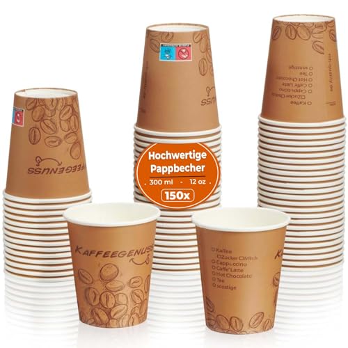 MH QUALITY Kaffeebecher To Go 300ml / 12 Oz - 150 Stück Premium Einweg Pappbecher Ohne Deckel für Kaffee | Hochwertige Coffee To Go Becher von MH QUALITY