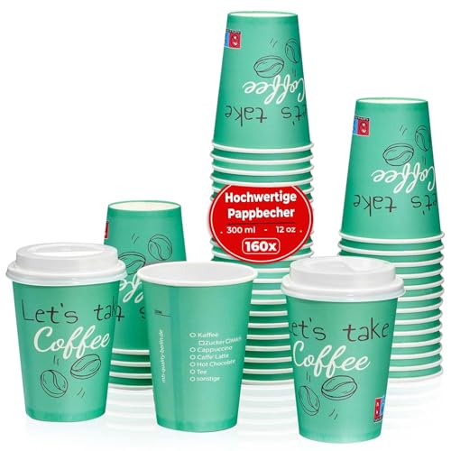 MH QUALITY Kaffeebecher To Go 300ml / 12 Oz - 160 Stück Premium Einweg Pappbecher Ohne Deckel für Kaffee | Hochwertige Coffee To Go Becher | Grün von MH QUALITY