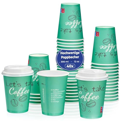 MH QUALITY Kaffeebecher To Go 300ml / 12 Oz - 40 Stück Premium Einweg Pappbecher Ohne Deckel für Kaffee | Hochwertige Coffee To Go Becher | Grün von MH QUALITY